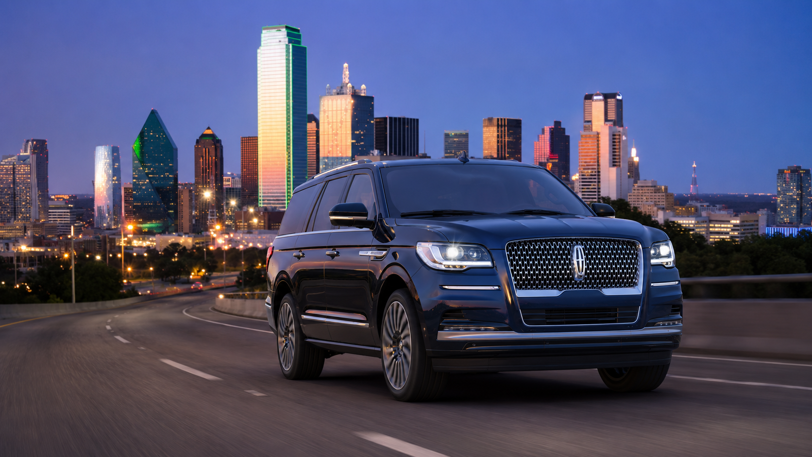 Black 2024 Lincoln Navigator with Dallas skyline at sunset